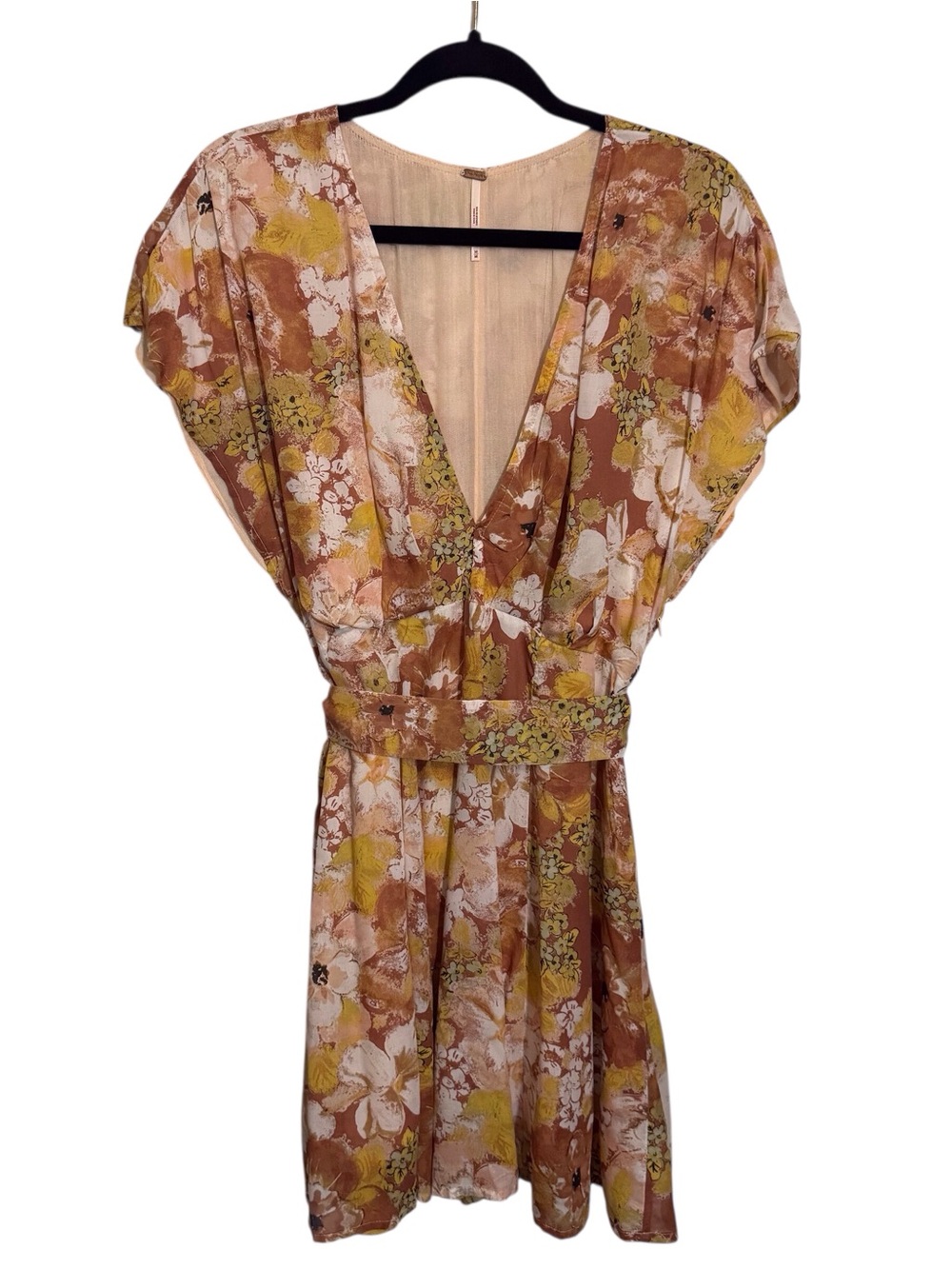 Free People Medium Brown Freddy Tie Mini Dress Belted Floral Boho Western V-Neck